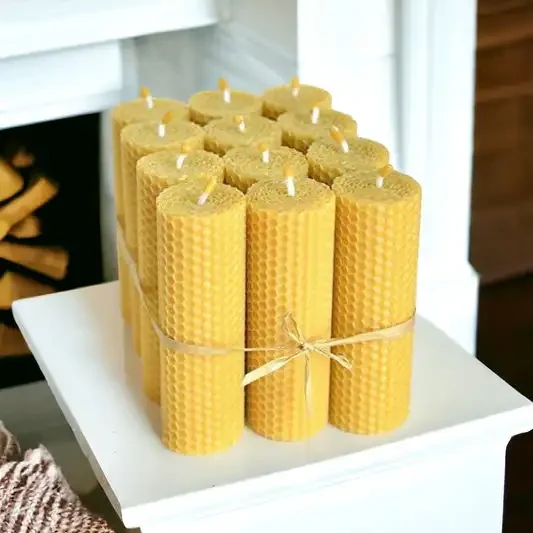 Original representative commercial visual for 100% Natural Yellow Beeswax Pillar Candles for Home Decoration Holidays-for Christmas Halloween Easter Birthdays Bulk Supply.