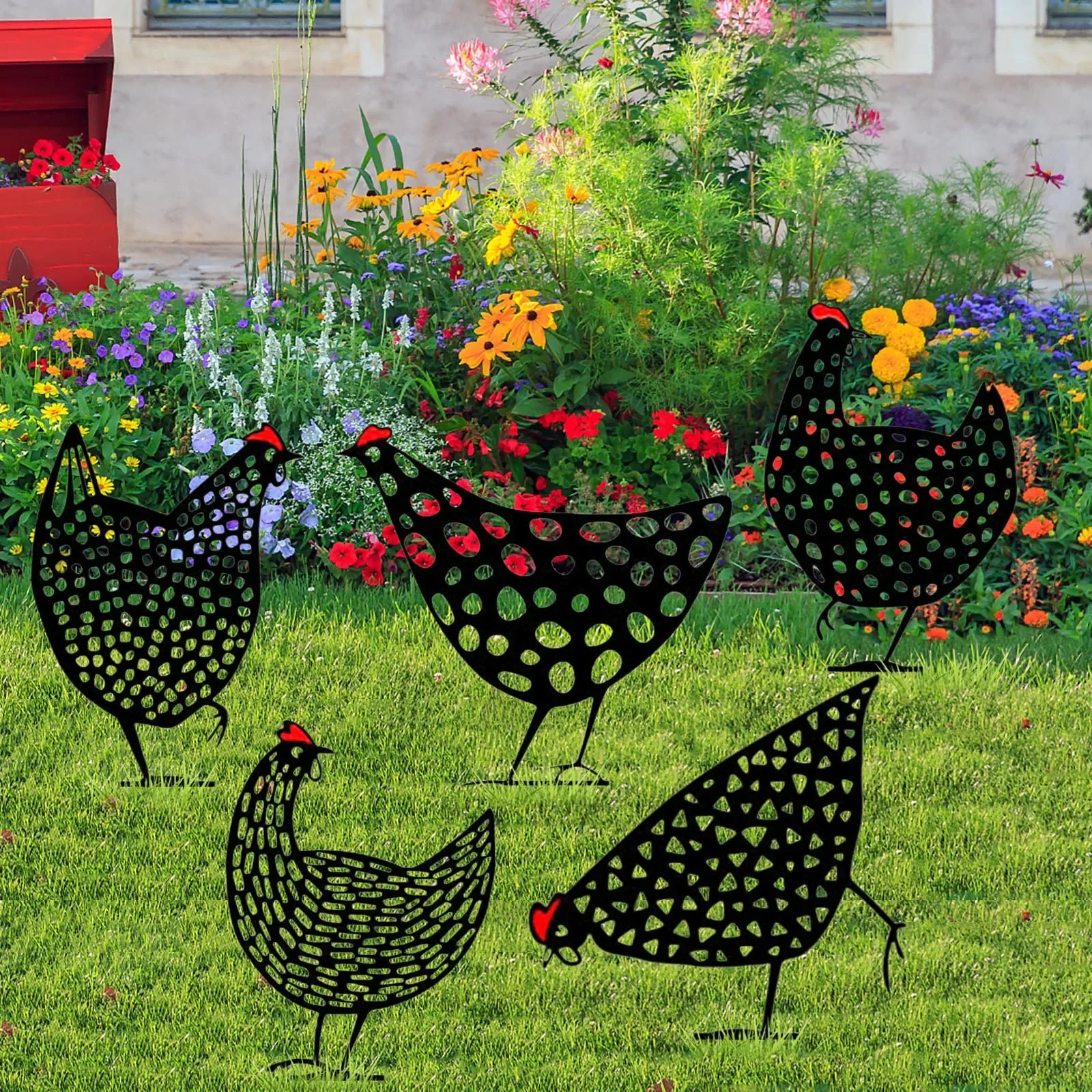 Original representative commercial visual for Gardening Ornaments Chicken Yard Art Garden Backyard Lawn Stakes Metal Hen Yard Decor Gift Easter Decoration.