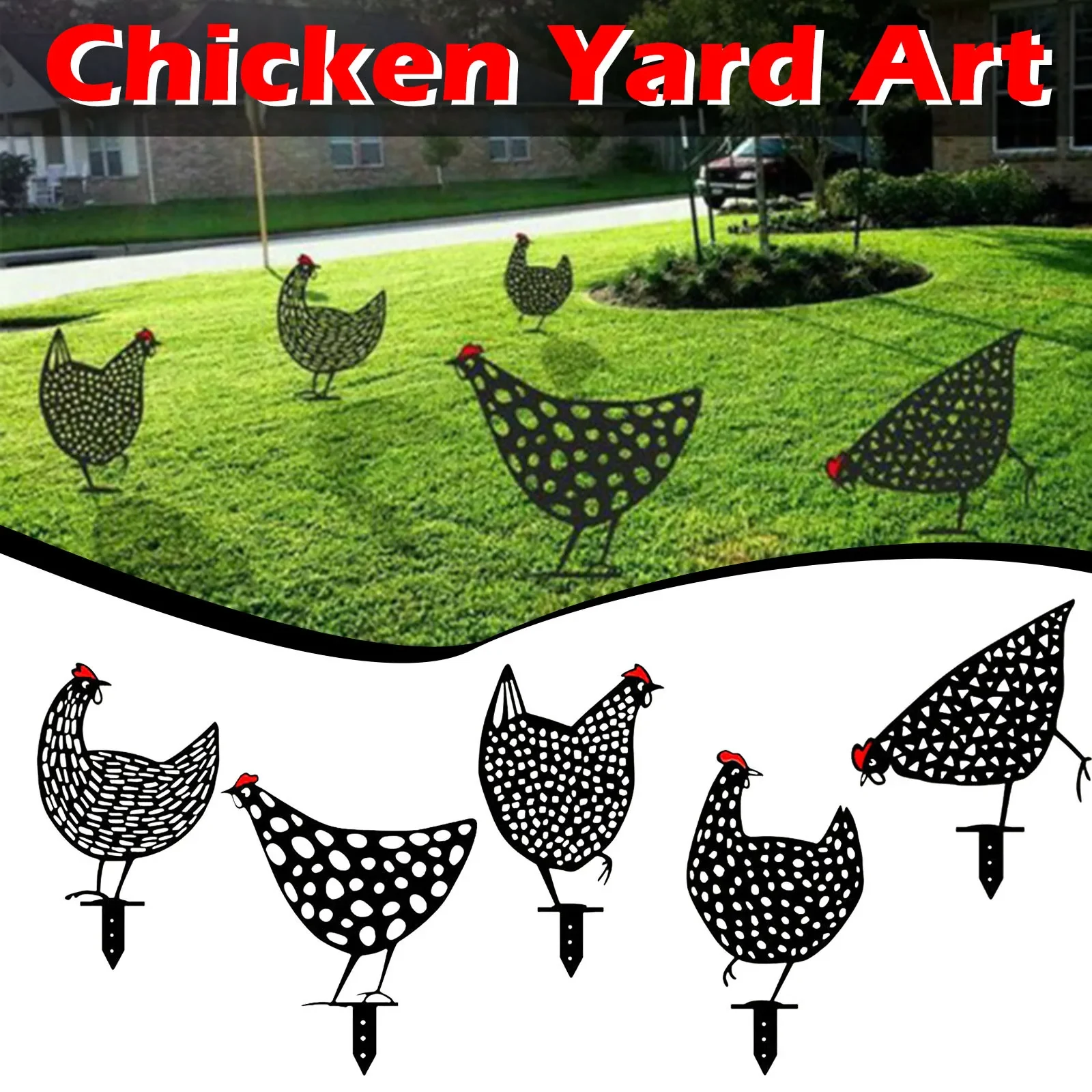 Original representative commercial visual for Gardening Ornaments Chicken Yard Art Garden Backyard Lawn Stakes Metal Hen Yard Decor Gift Easter Decoration.