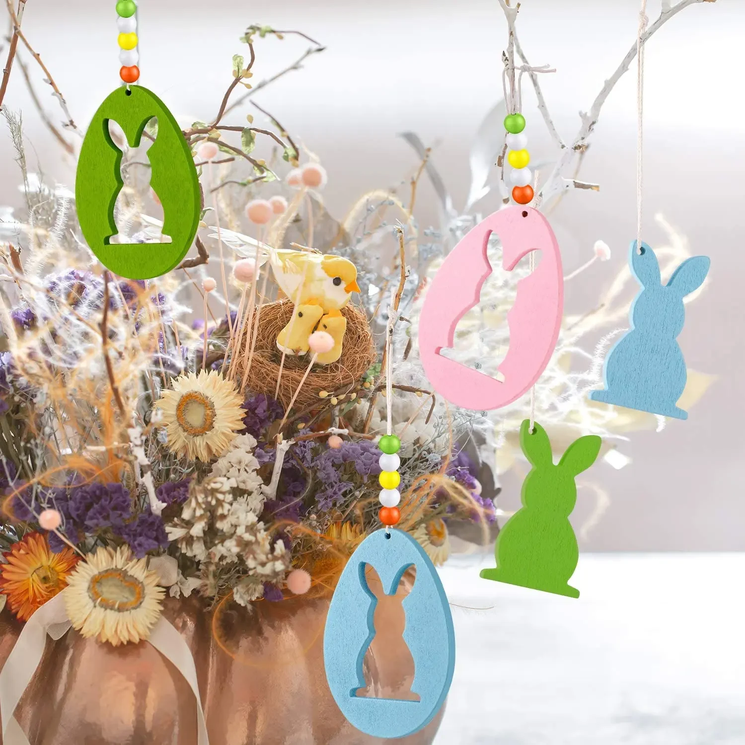 Original representative commercial visual for Easter Wooden Bunny Rabbit Themed Hanging for Easter Party Home Wall Tree Outdoor Hanging Decor.