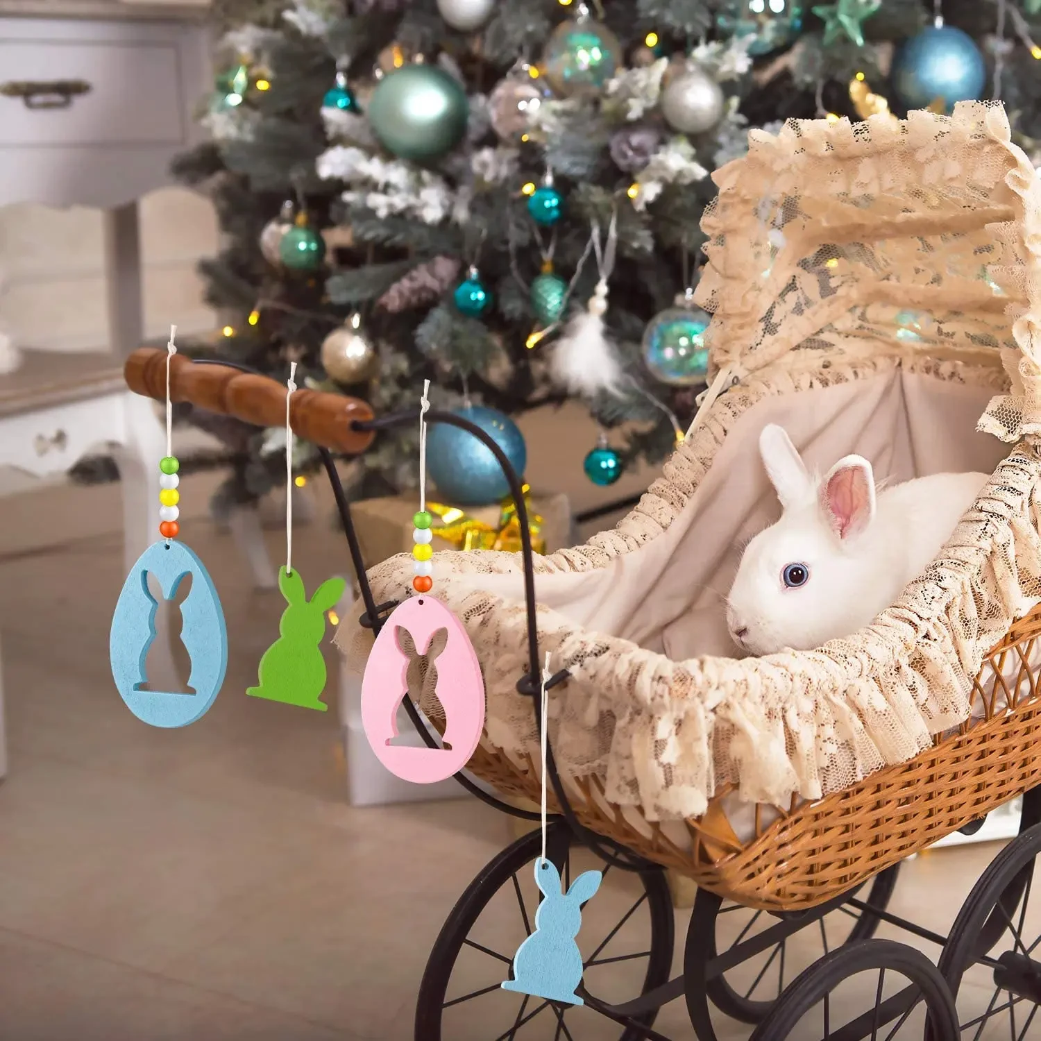 Original representative commercial visual for Easter Wooden Bunny Rabbit Themed Hanging for Easter Party Home Wall Tree Outdoor Hanging Decor.