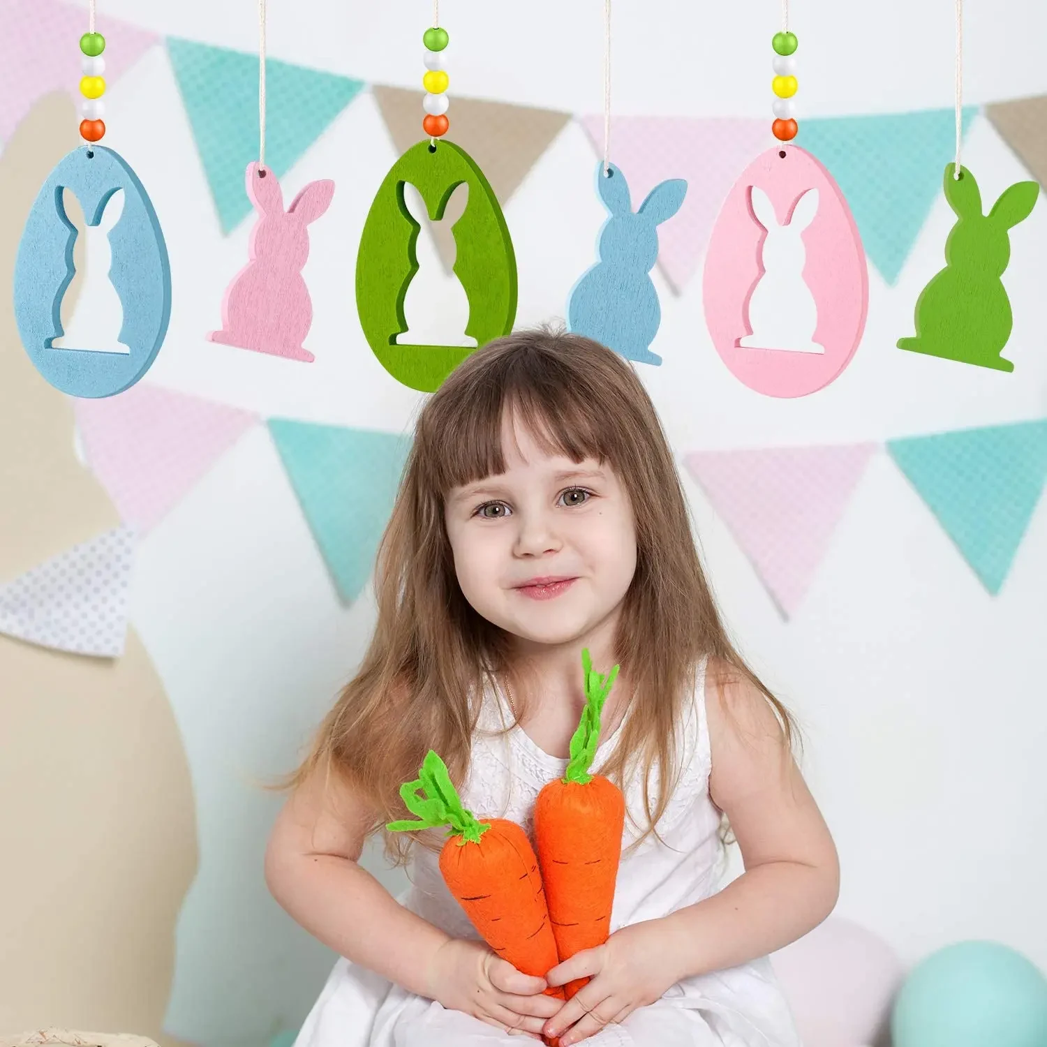 Original representative commercial visual for Easter Wooden Bunny Rabbit Themed Hanging for Easter Party Home Wall Tree Outdoor Hanging Decor.