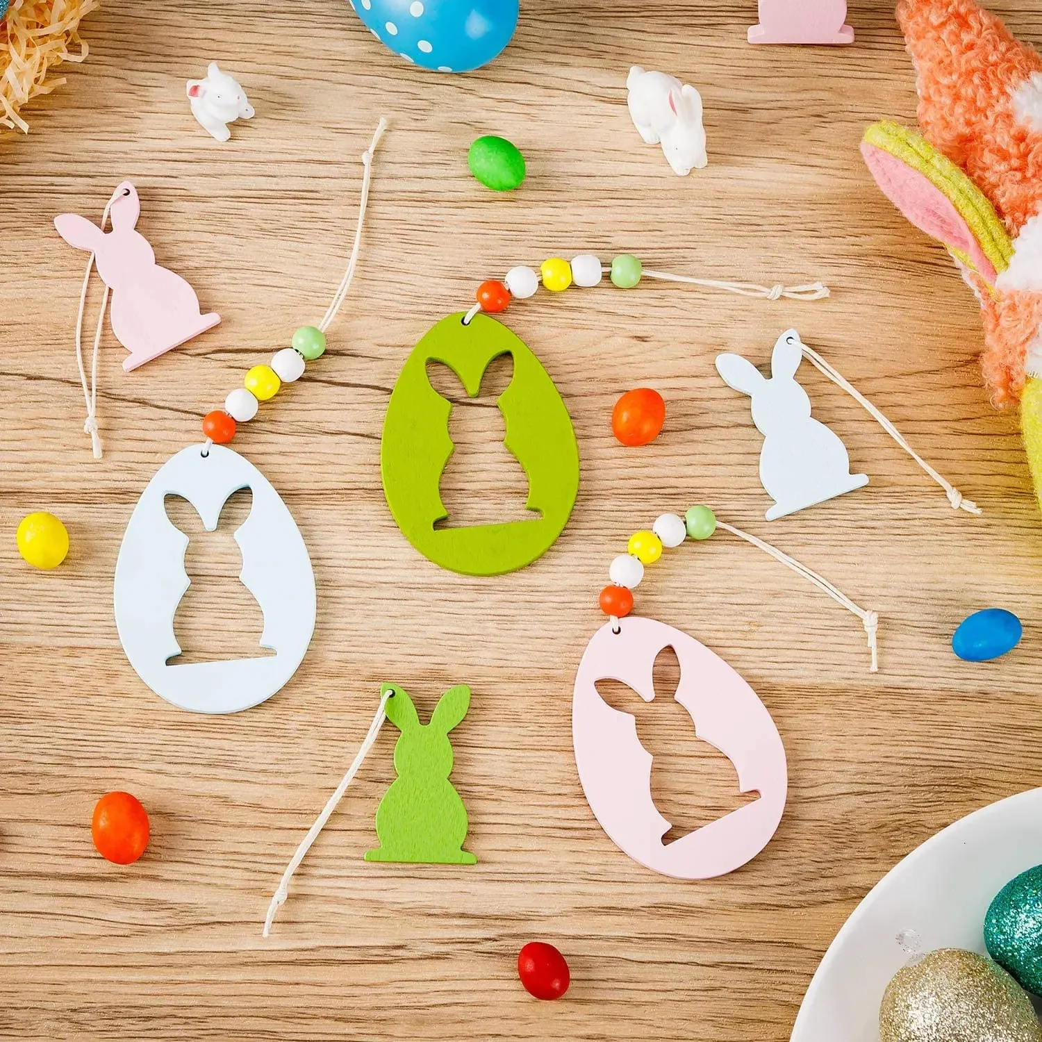 Original representative commercial visual for Easter Wooden Bunny Rabbit Themed Hanging for Easter Party Home Wall Tree Outdoor Hanging Decor.