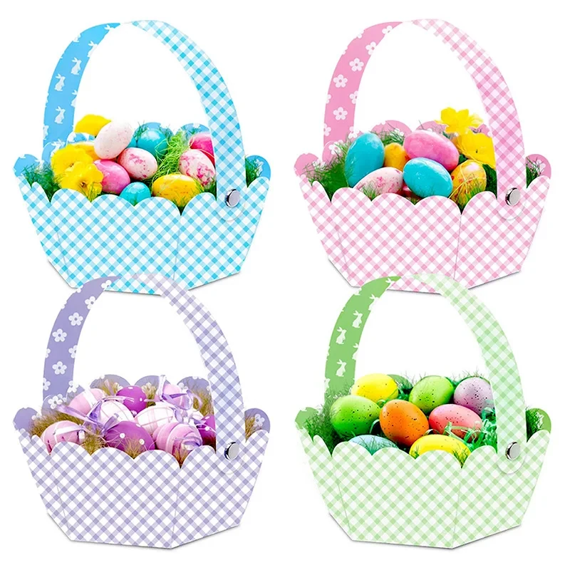 Original representative commercial visual for 2025 Hot Selling Easter Gift Basket with Handle Plain Color DIY Egg Paper Box Kids Candy Boxes for Easter Party Decorations.