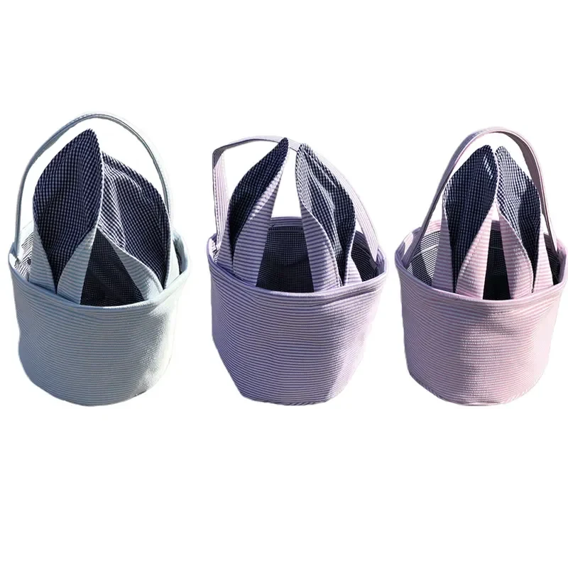 Original representative commercial visual for Wholesale Easter Basket Seersucker Vintage Rabbit Ear Decoration Sublimation Easter Baskets Festival Party Decoration.