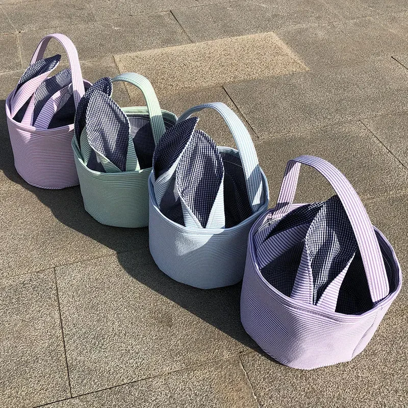 Original representative commercial visual for Wholesale Easter Basket Seersucker Vintage Rabbit Ear Decoration Sublimation Easter Baskets Festival Party Decoration.