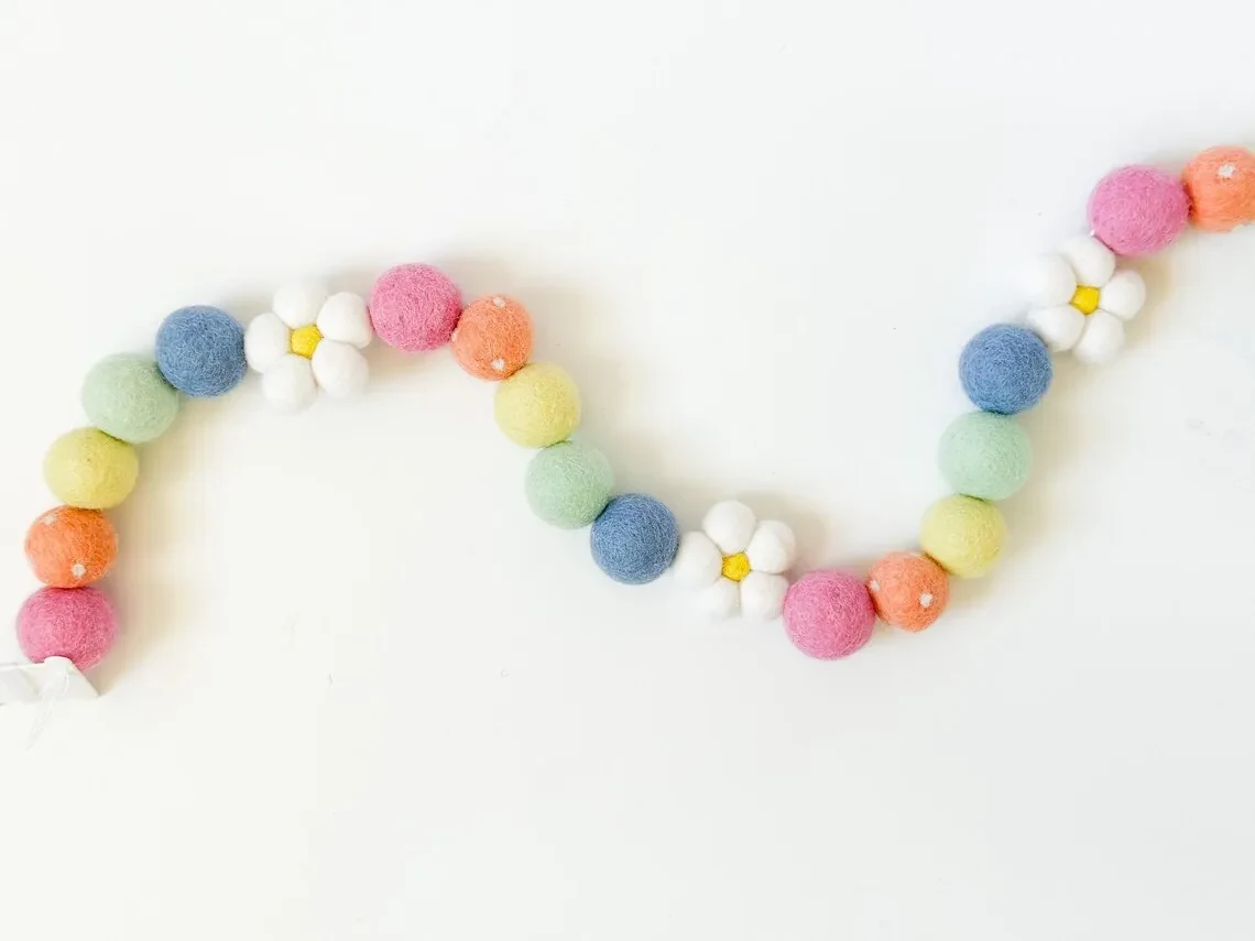 Original representative commercial visual for Spring Pastel Rainbow Daisy Wool Felted Garland with Wool Felt Ball Garland Easter Baby Shower Decoration for Christmas.