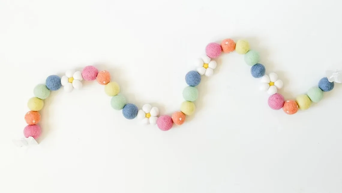Original representative commercial visual for Spring Pastel Rainbow Daisy Wool Felted Garland with Wool Felt Ball Garland Easter Baby Shower Decoration for Christmas.