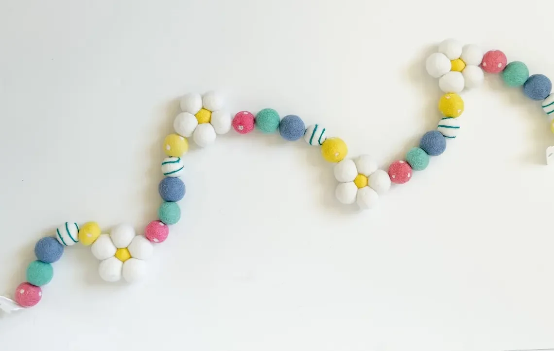 Original representative commercial visual for Spring Pastel Rainbow Daisy Wool Felted Garland with Wool Felt Ball Garland Easter Baby Shower Decoration for Christmas.