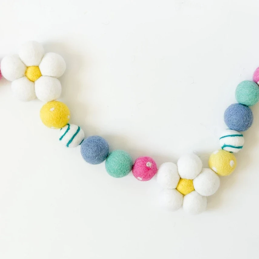 Original representative commercial visual for Spring Pastel Rainbow Daisy Wool Felted Garland with Wool Felt Ball Garland Easter Baby Shower Decoration for Christmas.