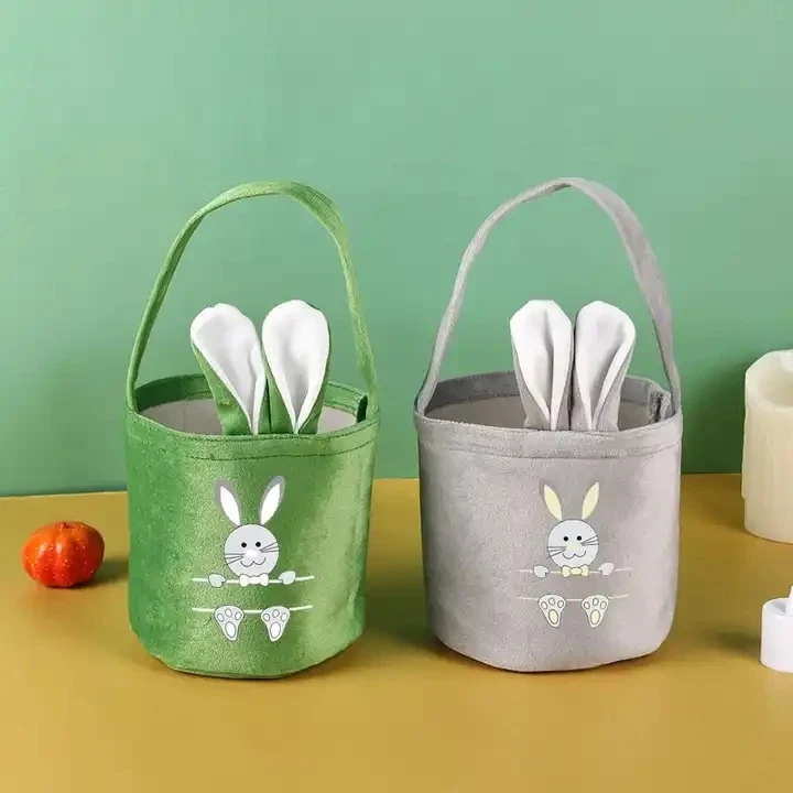 Original representative commercial visual for Easter Bunny Bucket Velvet Tote Bag with Custom Logo 13*14.5cm LINNA Brand for Easter Egg Hunt Festival Decoration & Kids Gifts.