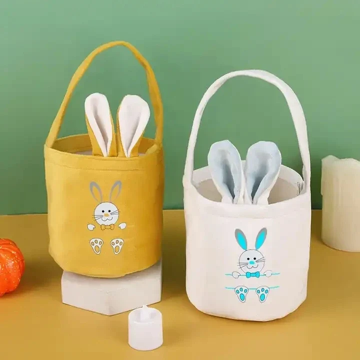 Original representative commercial visual for Easter Bunny Bucket Velvet Tote Bag with Custom Logo 13*14.5cm LINNA Brand for Easter Egg Hunt Festival Decoration & Kids Gifts.