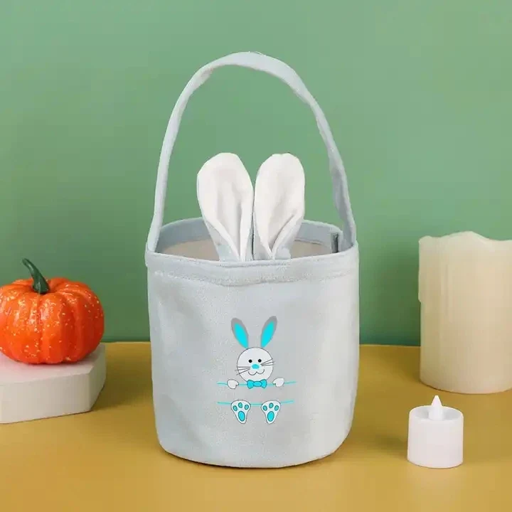 Original representative commercial visual for Easter Bunny Bucket Velvet Tote Bag with Custom Logo 13*14.5cm LINNA Brand for Easter Egg Hunt Festival Decoration & Kids Gifts.