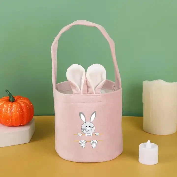 Original representative commercial visual for Easter Bunny Bucket Velvet Tote Bag with Custom Logo 13*14.5cm LINNA Brand for Easter Egg Hunt Festival Decoration & Kids Gifts.