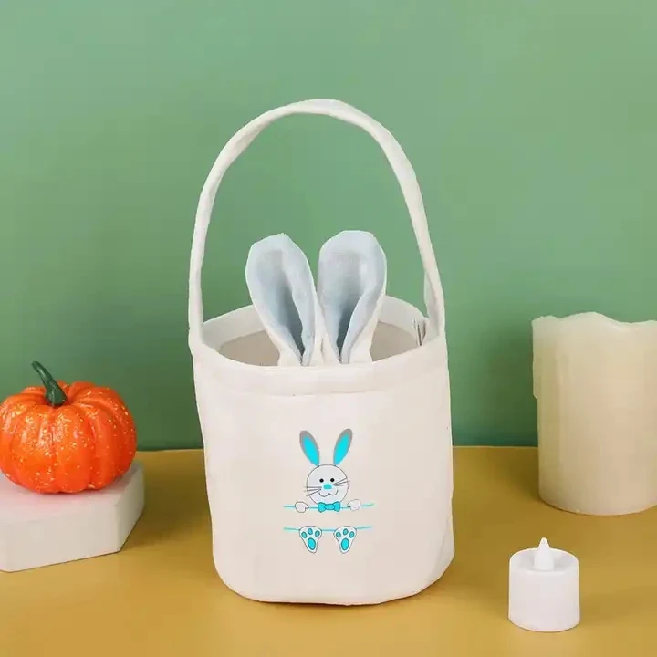 Original representative commercial visual for Easter Bunny Bucket Velvet Tote Bag with Custom Logo 13*14.5cm LINNA Brand for Easter Egg Hunt Festival Decoration & Kids Gifts.