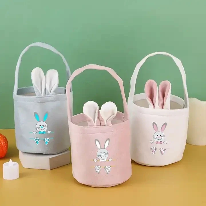 Original representative commercial visual for Easter Bunny Bucket Velvet Tote Bag with Custom Logo 13*14.5cm LINNA Brand for Easter Egg Hunt Festival Decoration & Kids Gifts.