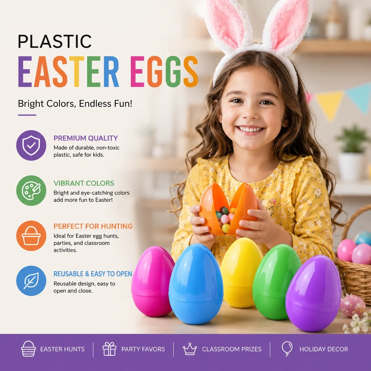 Original representative commercial visual for Wholesale Jumbo Fillable Bright Plastic Easter Eggs for Easter Decoration and Fishing Available in Various Sizes.