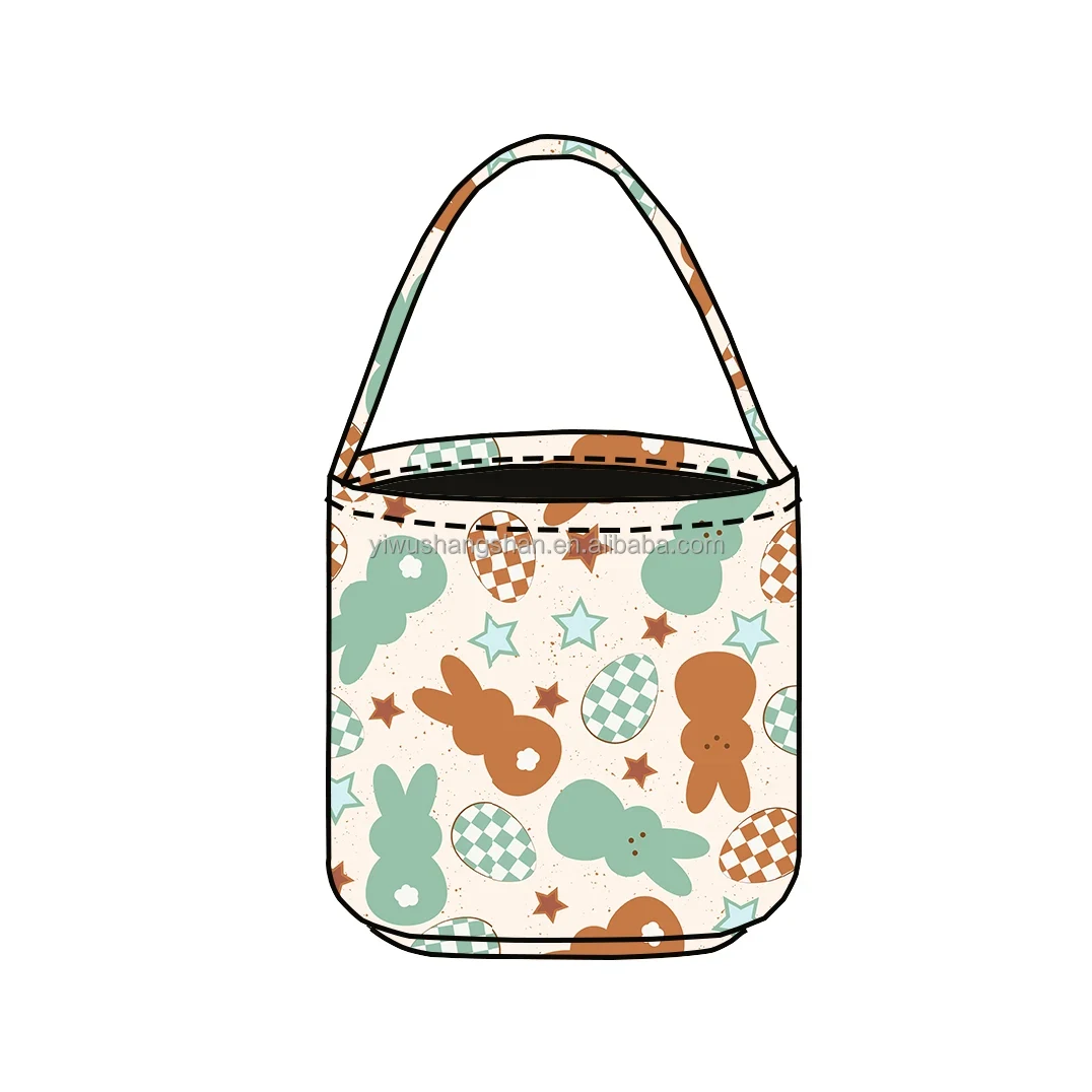 Original representative commercial visual for Factory Custom Print Tote Basket Canvas Kids Bucket Easter Bunny Bags Gift Bags for Party Decoration.