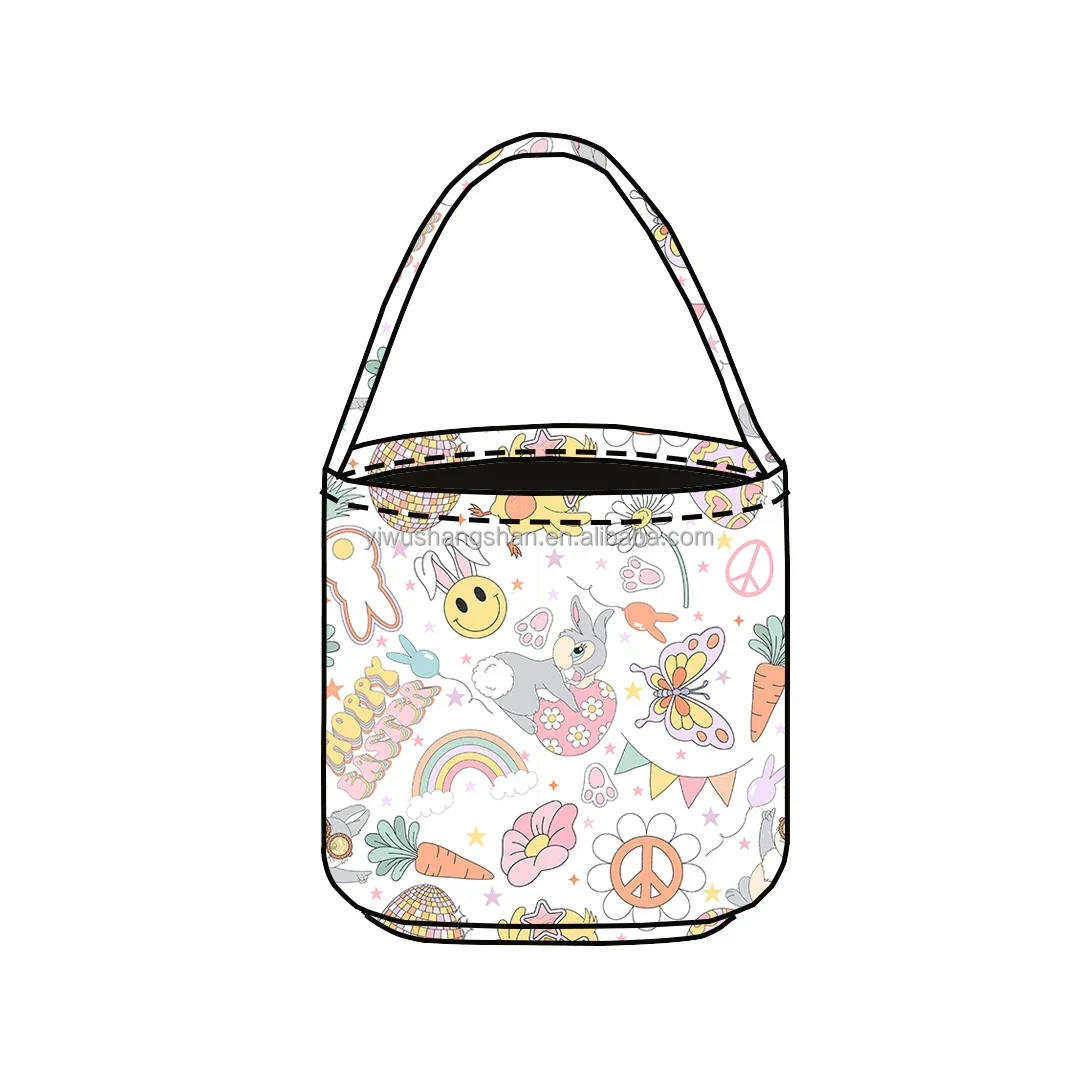 Original representative commercial visual for Factory Custom Print Tote Basket Canvas Kids Bucket Easter Bunny Bags Gift Bags for Party Decoration.