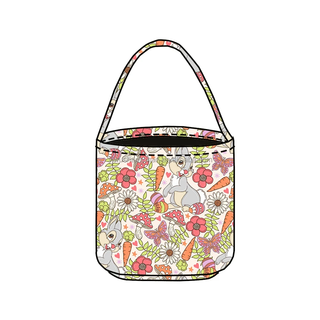 Original representative commercial visual for Factory Custom Print Tote Basket Canvas Kids Bucket Easter Bunny Bags Gift Bags for Party Decoration.