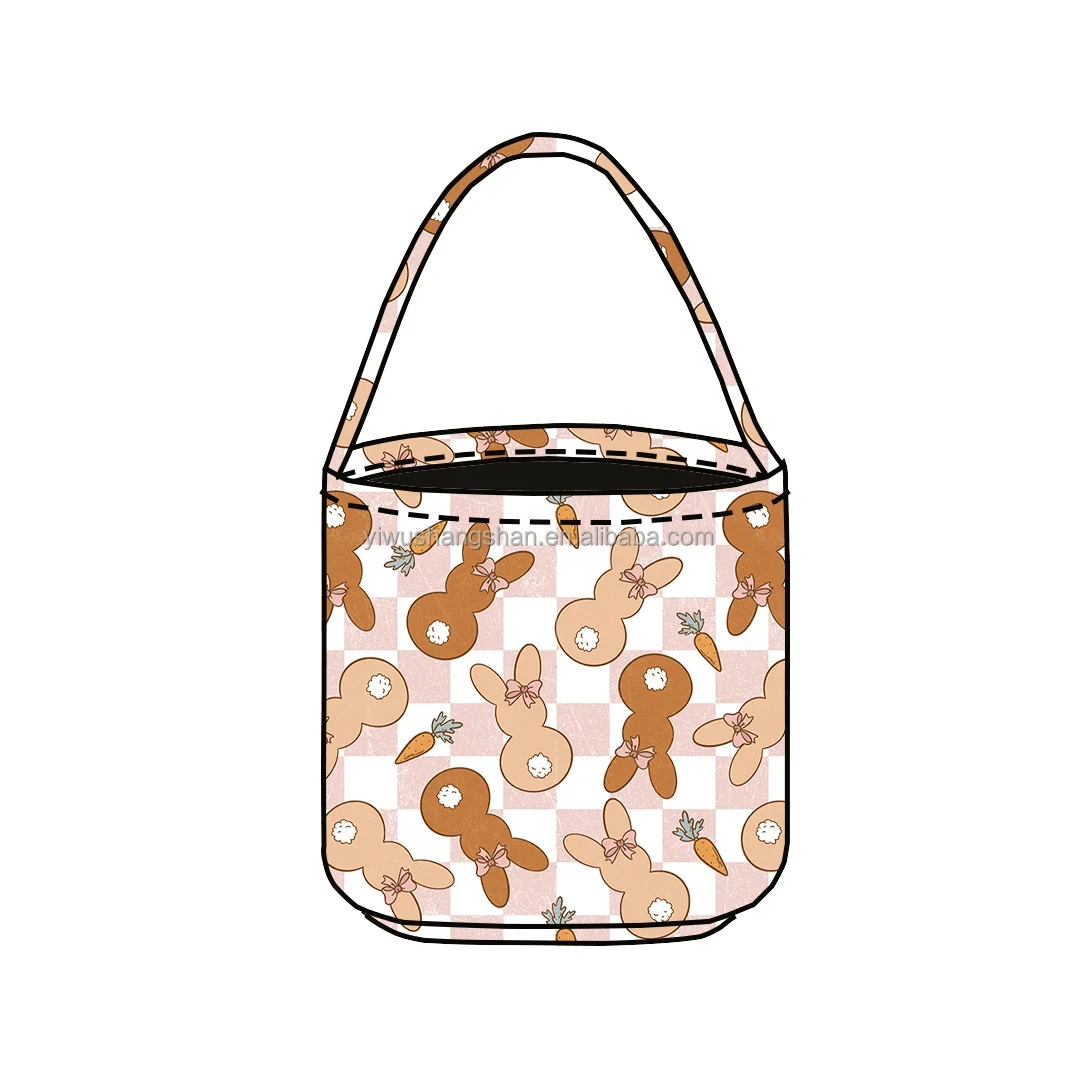 Original representative commercial visual for Factory Custom Print Tote Basket Canvas Kids Bucket Easter Bunny Bags Gift Bags for Party Decoration.