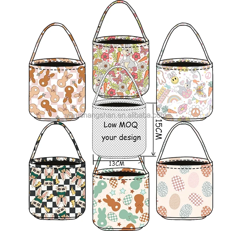Original representative commercial visual for Factory Custom Print Tote Basket Canvas Kids Bucket Easter Bunny Bags Gift Bags for Party Decoration.