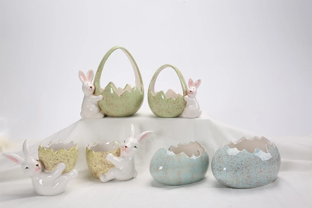 Original representative commercial visual for High Quality Ceramic Dolomite Easter Rabbit Bunny Basket Rabbit Pot for Easter Home Decoration.