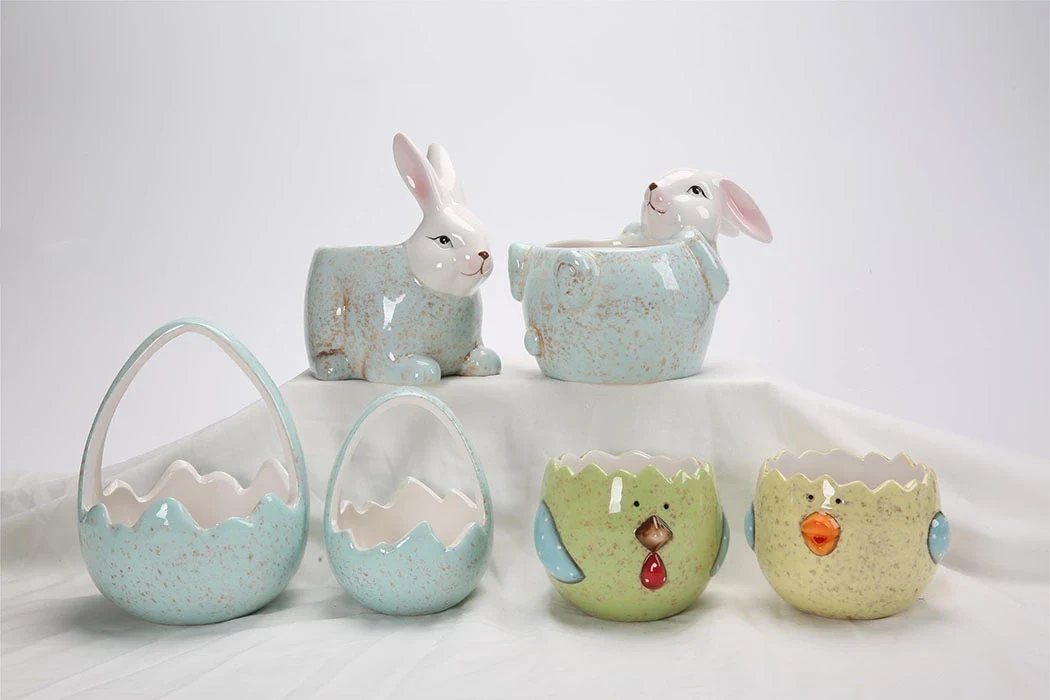 Original representative commercial visual for High Quality Ceramic Dolomite Easter Rabbit Bunny Basket Rabbit Pot for Easter Home Decoration.