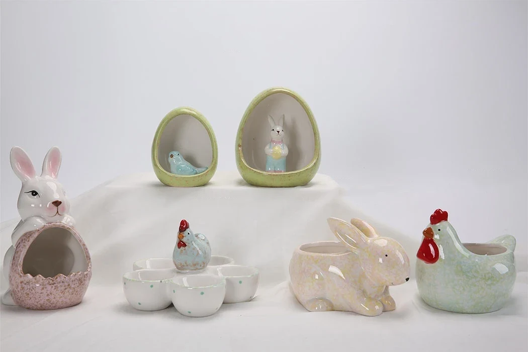 Original representative commercial visual for High Quality Ceramic Dolomite Easter Rabbit Bunny Basket Rabbit Pot for Easter Home Decoration.