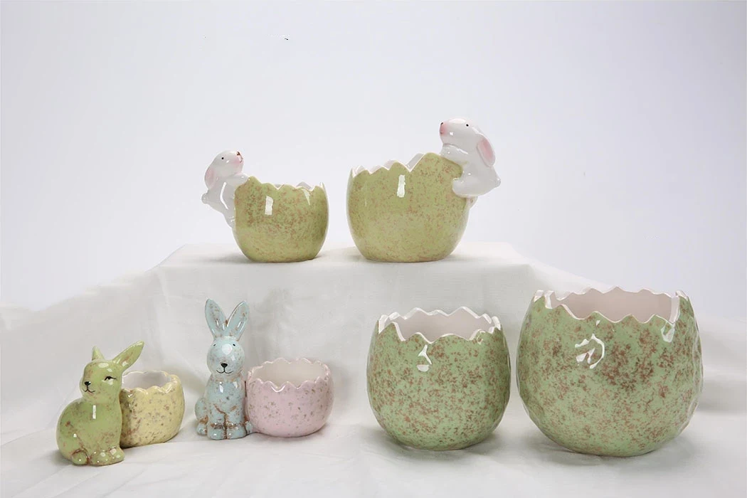 Original representative commercial visual for High Quality Ceramic Dolomite Easter Rabbit Bunny Basket Rabbit Pot for Easter Home Decoration.