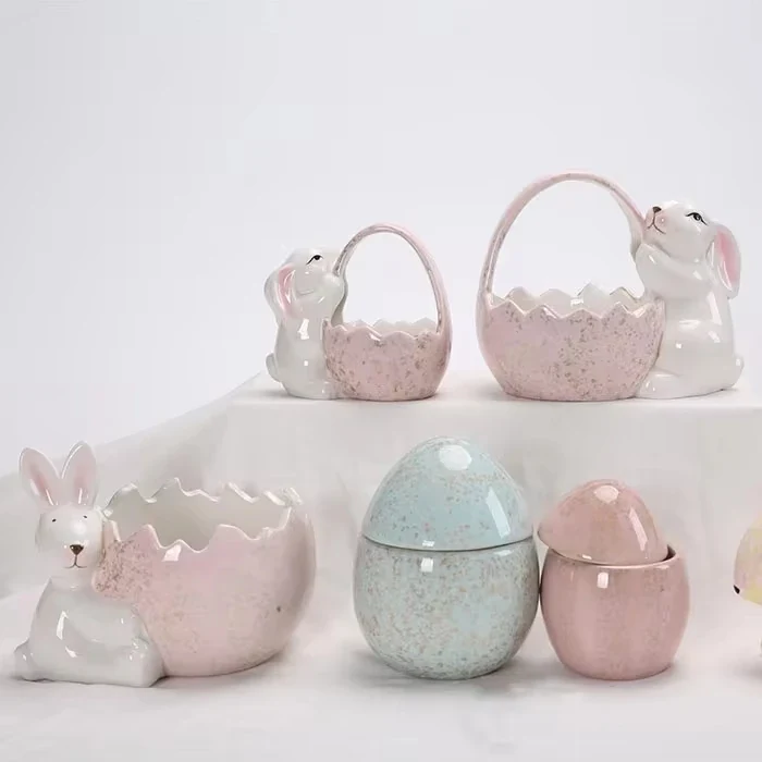 Original representative commercial visual for High Quality Ceramic Dolomite Easter Rabbit Bunny Basket Rabbit Pot for Easter Home Decoration.