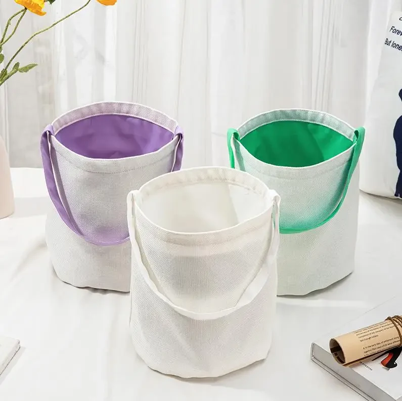 Original representative commercial visual for Sublimation Blank Easter Bucket Bags Candy Tote Basket Bag Halloween Linen Carrying Gift Eggs Hunting Handbag Party Decoration.