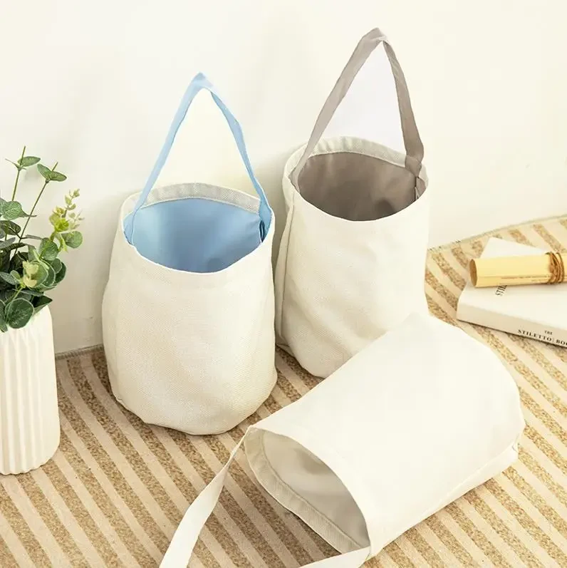 Original representative commercial visual for Sublimation Blank Easter Bucket Bags Candy Tote Basket Bag Halloween Linen Carrying Gift Eggs Hunting Handbag Party Decoration.