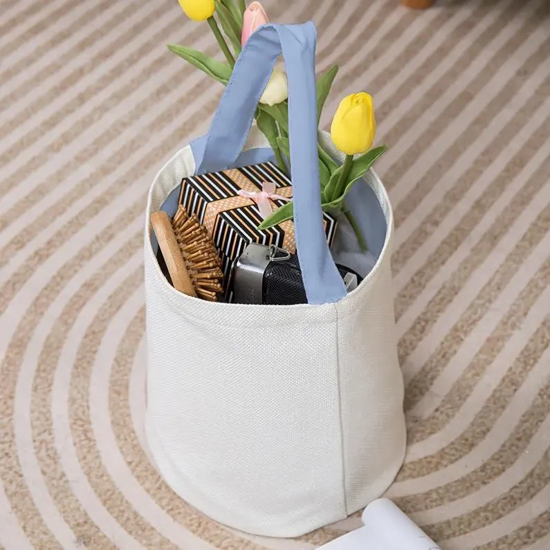 Original representative commercial visual for Sublimation Blank Easter Bucket Bags Candy Tote Basket Bag Halloween Linen Carrying Gift Eggs Hunting Handbag Party Decoration.
