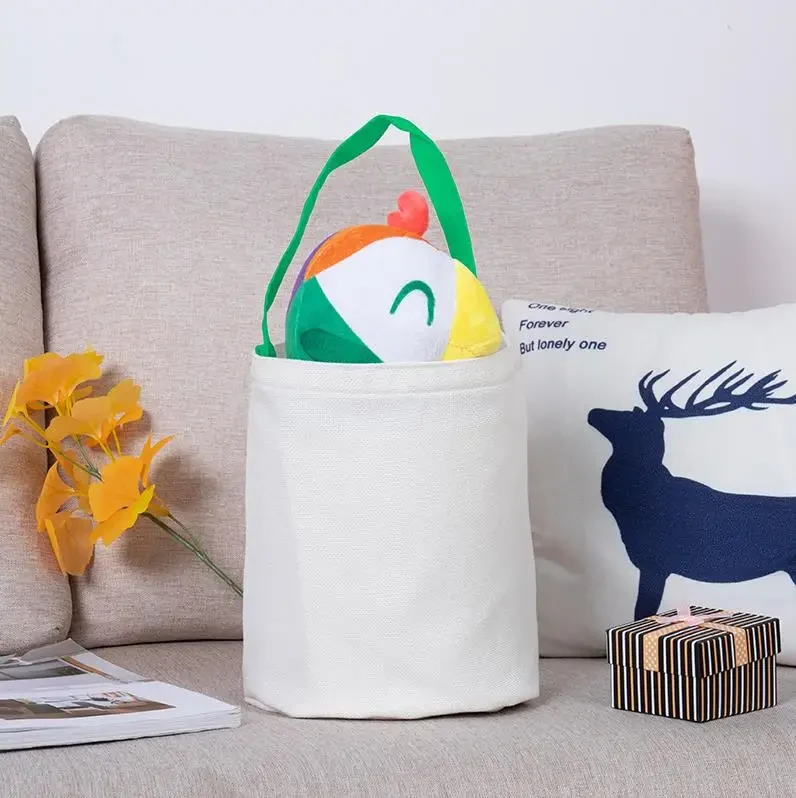 Original representative commercial visual for Sublimation Blank Easter Bucket Bags Candy Tote Basket Bag Halloween Linen Carrying Gift Eggs Hunting Handbag Party Decoration.