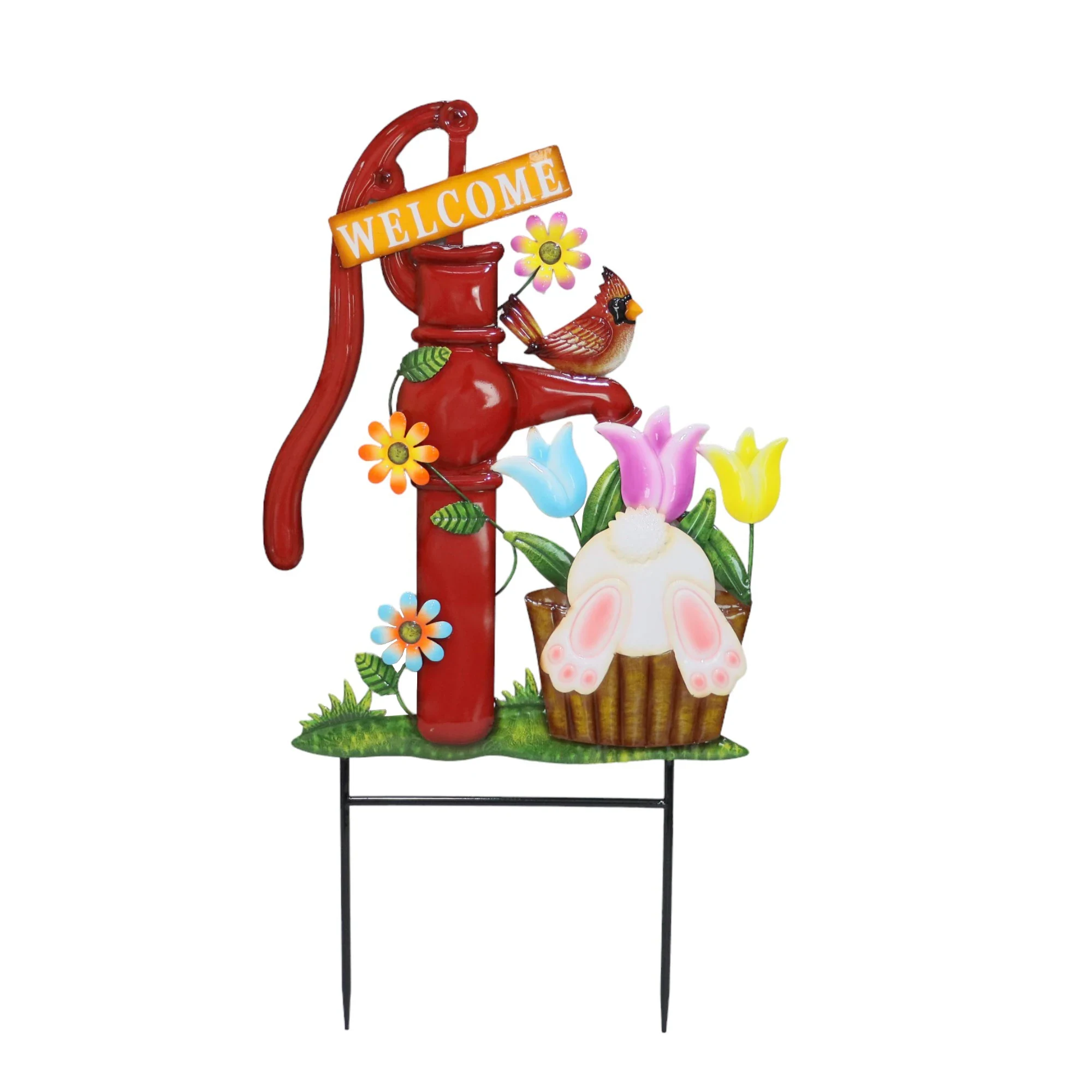 Original representative commercial visual for Welcome Easter Decorative Metal Water Pump Stake with Bunny and Welcome Sign.