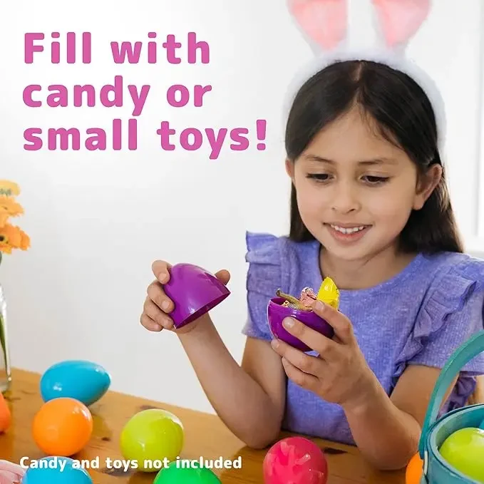 Original representative commercial visual for Empty Plastic Eggs Fillable with Candy, Treats, Presents for Toy Basket - Easter Decorations, Toy Egg Basket.