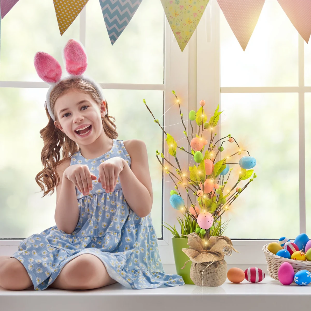 Original representative commercial visual for Handcrafted Easter Egg Tree Table Ornament With Light Egg Tree Decor for Spring Easter Holiday Home Party Wedding Decoration.