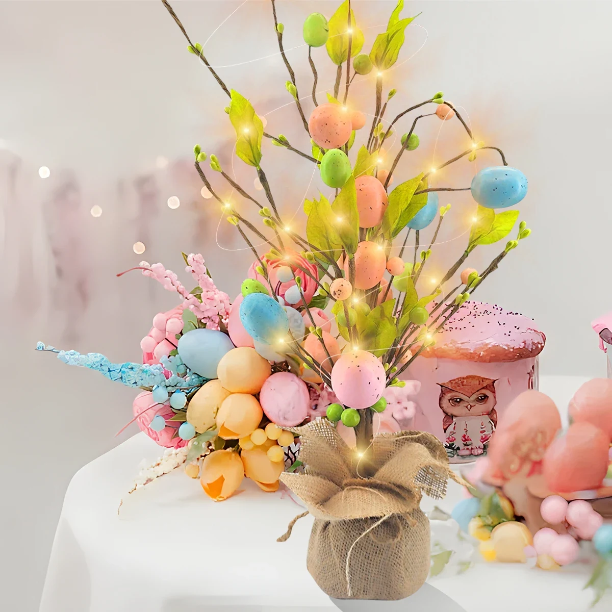 Original representative commercial visual for Handcrafted Easter Egg Tree Table Ornament With Light Egg Tree Decor for Spring Easter Holiday Home Party Wedding Decoration.