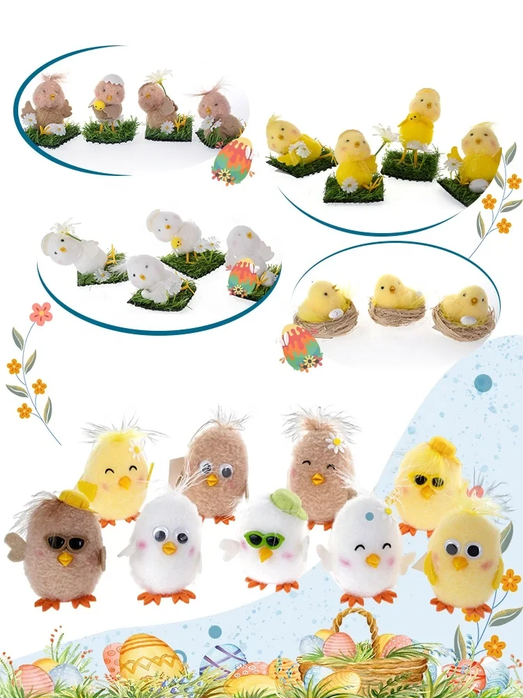 Original representative commercial visual for Hot Selling 10cm Easter Decoration Accessories Custom Hatching Chicks Toy Cute Filled Animal Home Decor.