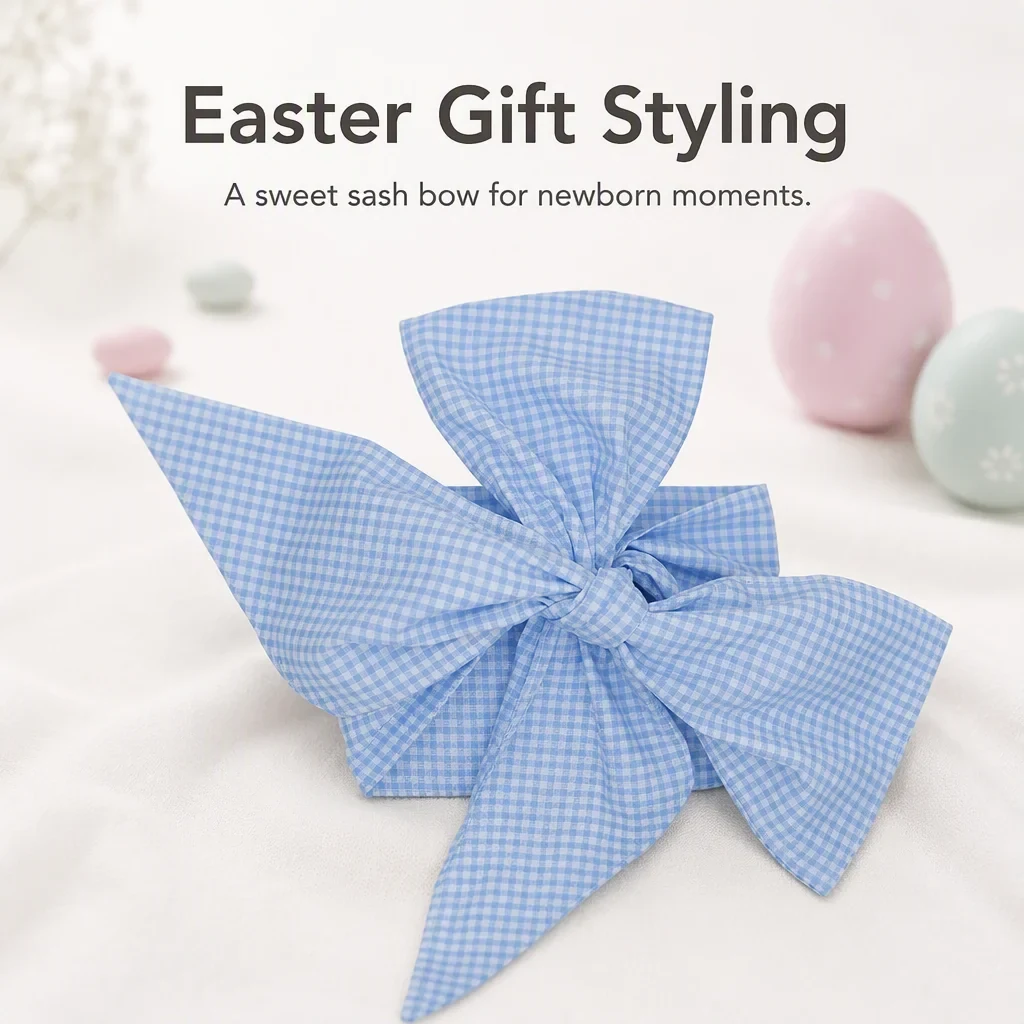 Original representative commercial visual for Gingham Basket Bow with Elastic Loop Handle Decoration Fabric Bow for Easter Basket Gift Basket Spring Decor.