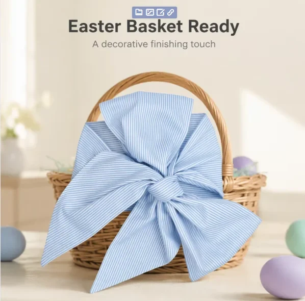 Original representative commercial visual for Gingham Basket Bow with Elastic Loop Handle Decoration Fabric Bow for Easter Basket Gift Basket Spring Decor.