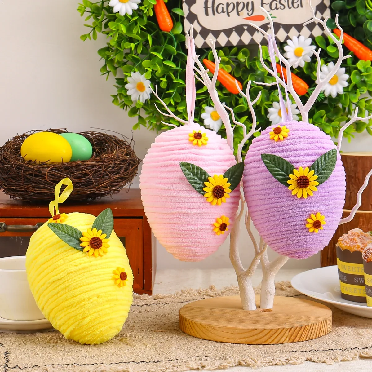 Original representative commercial visual for Wholesale Creative DIY Woven Realistic Easter Egg Ornaments New Design Party Decorations with Props for Foreign Trade.