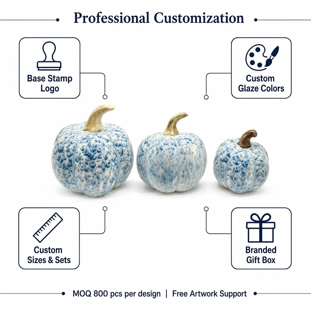 Original representative commercial visual for Handmade Delicate Ceramic Pumpkin Decorations Cartoon Style with Embossed Graphics for Easter Halloween & Christmas Home Decor.
