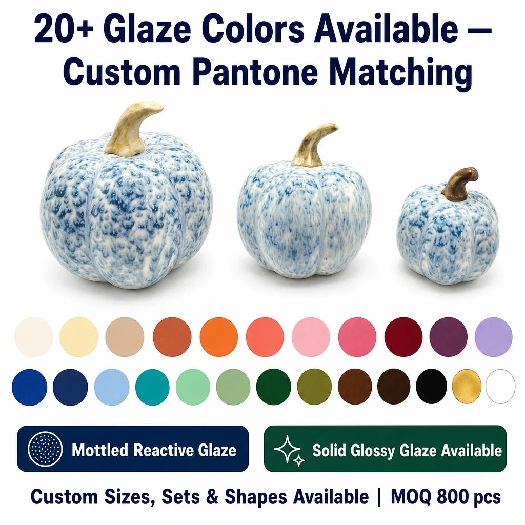 Original representative commercial visual for Handmade Delicate Ceramic Pumpkin Decorations Cartoon Style with Embossed Graphics for Easter Halloween & Christmas Home Decor.