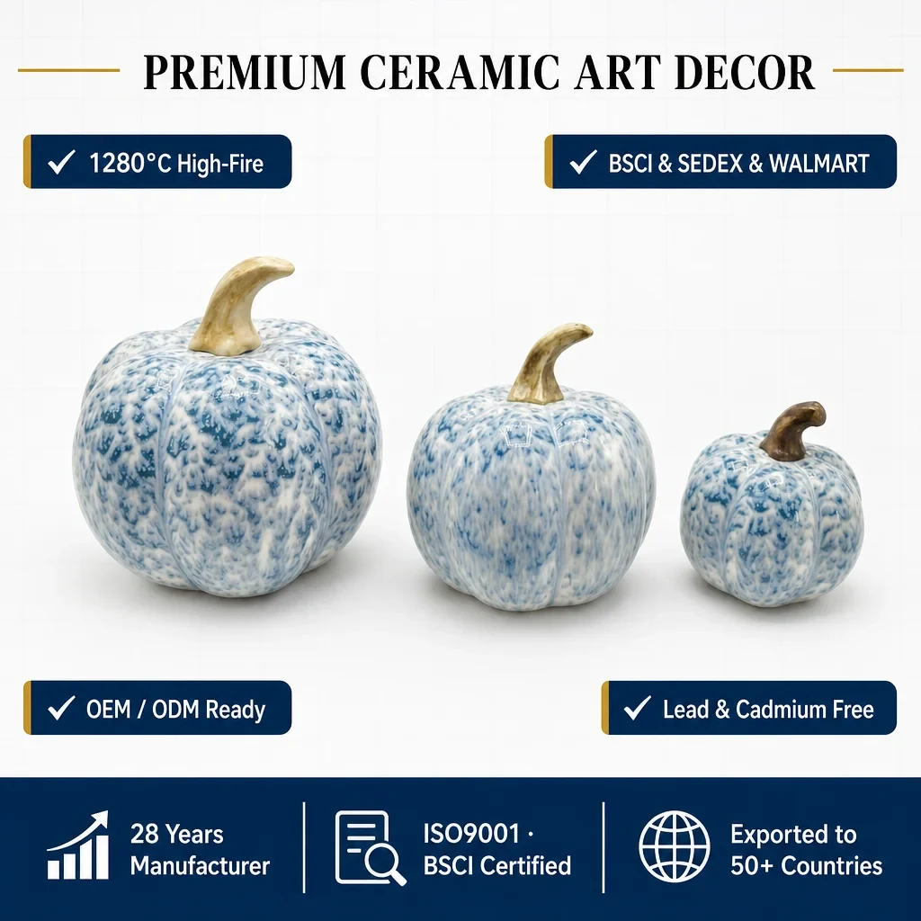 Original representative commercial visual for Handmade Delicate Ceramic Pumpkin Decorations Cartoon Style with Embossed Graphics for Easter Halloween & Christmas Home Decor.