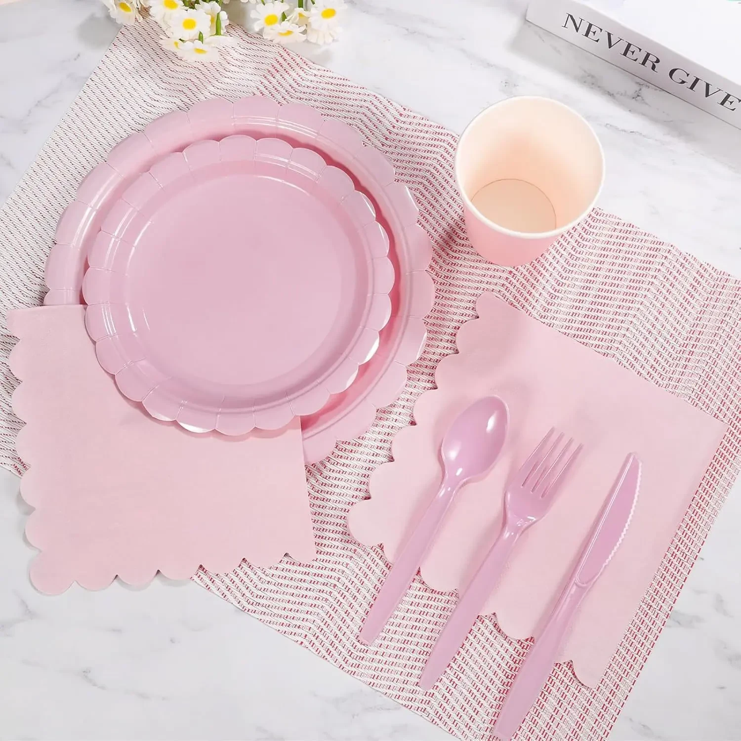 Original representative commercial visual for Pink Lace Disposable Party Tableware Set Solid Color Napkins Paper Cups Plates for Graduation Christmas Easter Decorations.