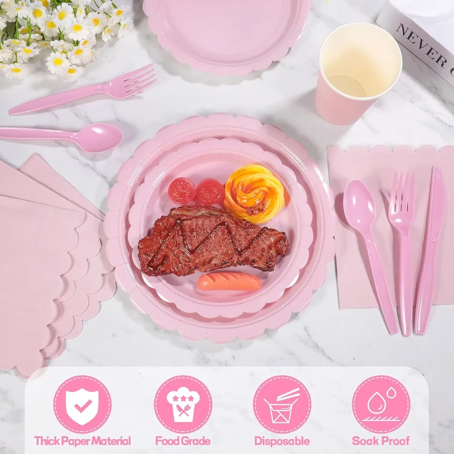 Original representative commercial visual for Pink Lace Disposable Party Tableware Set Solid Color Napkins Paper Cups Plates for Graduation Christmas Easter Decorations.