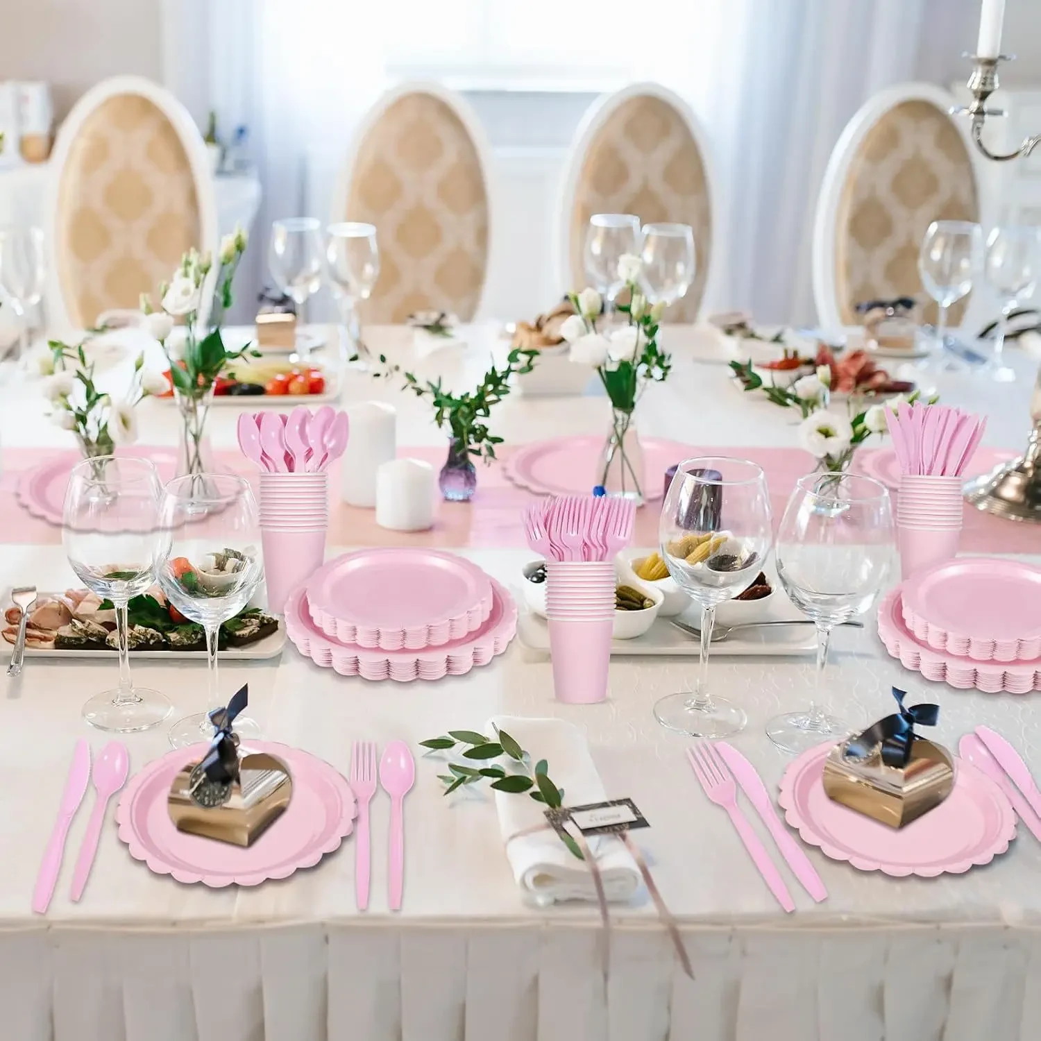 Original representative commercial visual for Pink Lace Disposable Party Tableware Set Solid Color Napkins Paper Cups Plates for Graduation Christmas Easter Decorations.