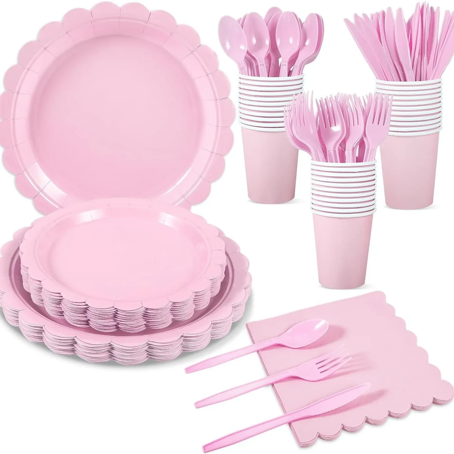 Original representative commercial visual for Pink Lace Disposable Party Tableware Set Solid Color Napkins Paper Cups Plates for Graduation Christmas Easter Decorations.